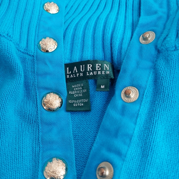 Lauren Ralph Lauren Sweater High Neck Collar Half Snap Button Cotton Medium - Picture 4 of 4